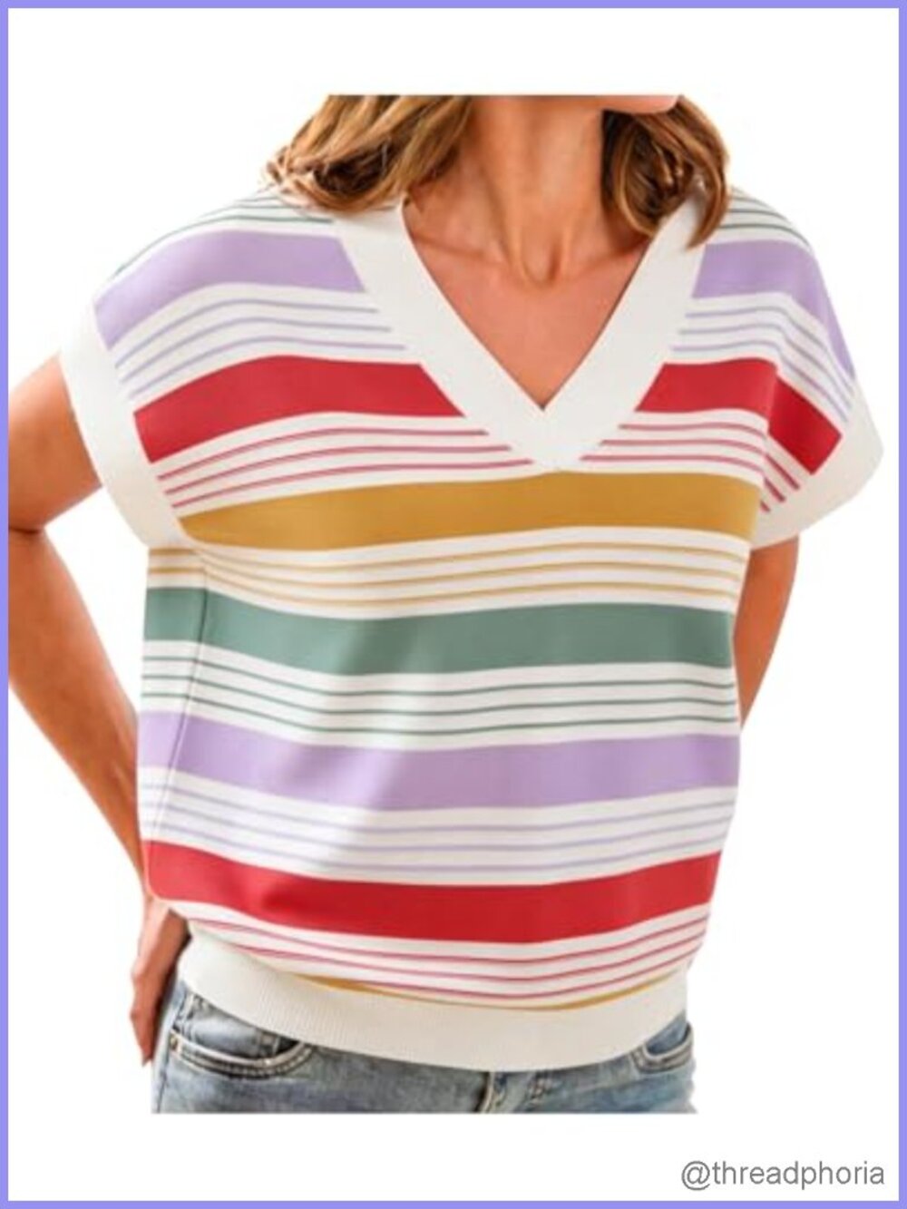 Women Striped Color Block Cap Sleeve V Neck Knit Sweater Vest Pullover